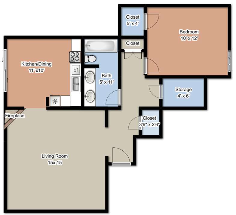 Floor plan for 1 bed, 1 bath, 760 sqft